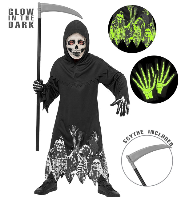 Magere Hein gewaad jongens met schedelmasker, skelethandschoenen en zeis voor Halloween