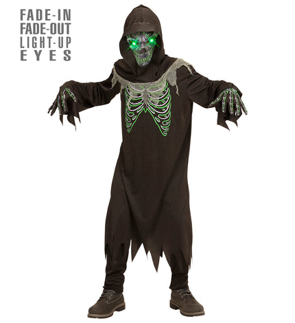 Magere Hein kostuum kind met zwart gewaad, groene ribbenkastprint en masker met oplichtende ogen