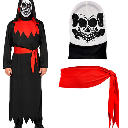 Magere Hein kostuum kinderen Phantom met los skeletmasker en rode knoopsjerp naast het zwarte gewaad