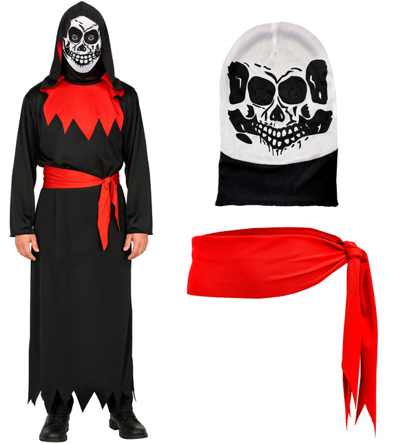 Magere Hein kostuum kinderen Phantom met los skeletmasker en rode knoopsjerp naast het zwarte gewaad