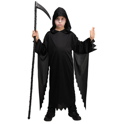 Magere hein kostuum kinderen, zwart gewaad met punt kap en gekartelde mouwen voor Halloween