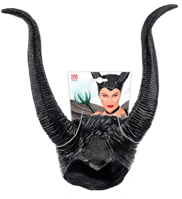 Malefica hoofddeksel dames met verpakking en glanzende zwarte hoorns