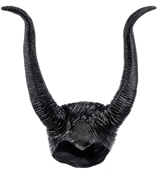Malefica hoofddeksel zwart met twee gebogen hoorns van 30 cm, vooraanzicht