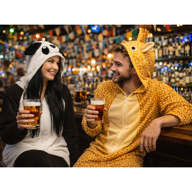 Man in pluche giraffepak met capuchon op aan de bar tijdens een feestavond