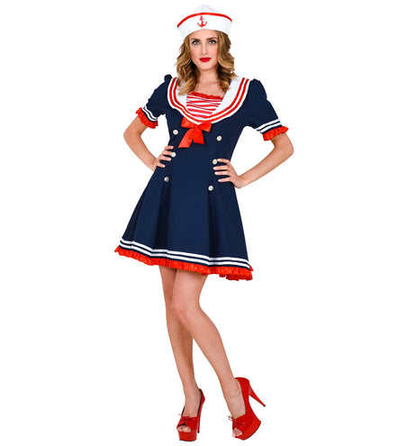 Marineblauw matrozenjurkje met wijde rok, dubbele witte streep en rode ruche langs de zoom