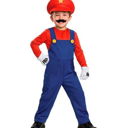 Mario tuinbroek voor kids gedragen door jong kind, blauwe overall met rood shirt en rode pet