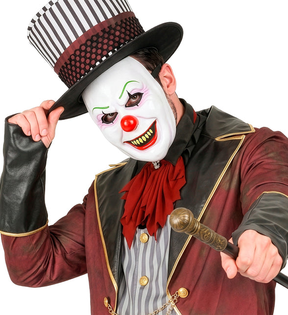 Masker boze clown latex bij hoge hoed en circusjas, wit gezicht met rode mond