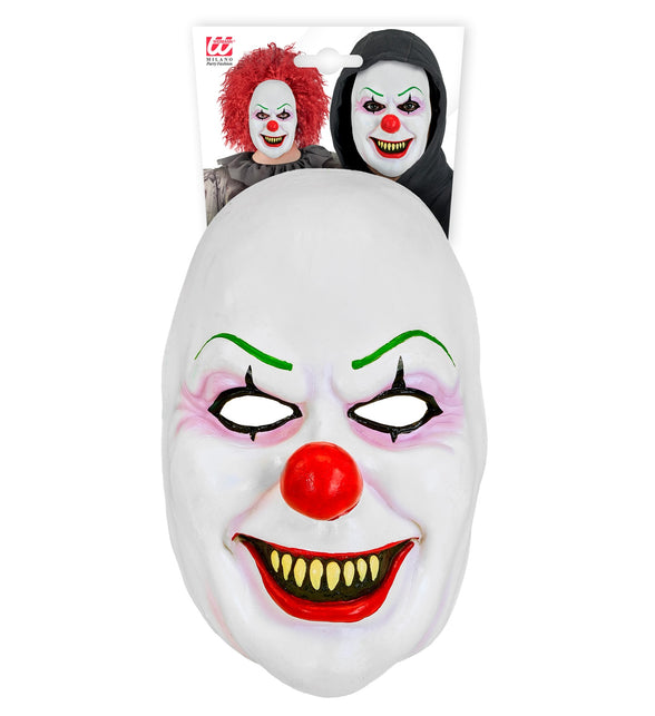Masker boze clown latex in verpakking van Widmann, wit gezichtsmasker met rode grijns