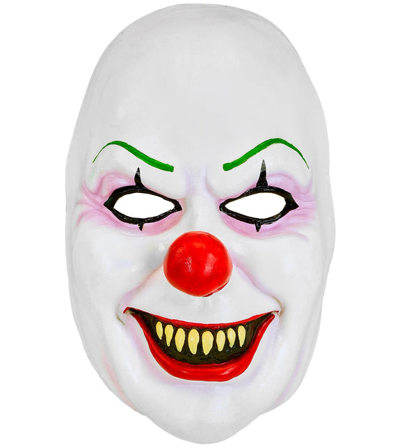 Masker boze clown latex wit met groene wenkbrauwen, rode neus en geel gebit