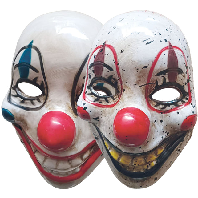 Masker clown met bewegende mond in wit met rode neus en grijnsmond, twee uitvoeringen, voor Halloween
