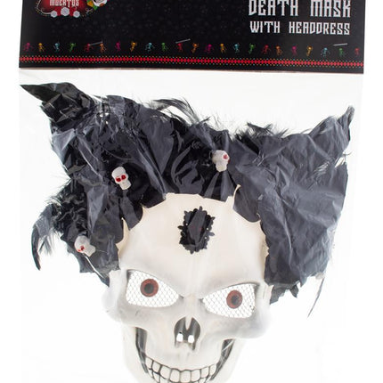 Masker doodshoofd met veren en bloemen in verpakking, Day of the dead skeletmasker met zwarte hoofdtooi