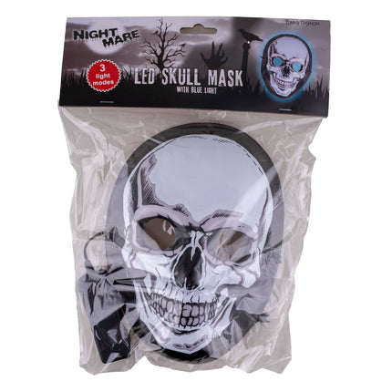 Masker doodskop blauw licht in verpakking met vermelding van 3 lichtstanden