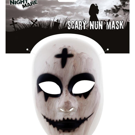 Masker halloween zuster in verpakking met ophanghaak en griezelig kerkhofontwerp