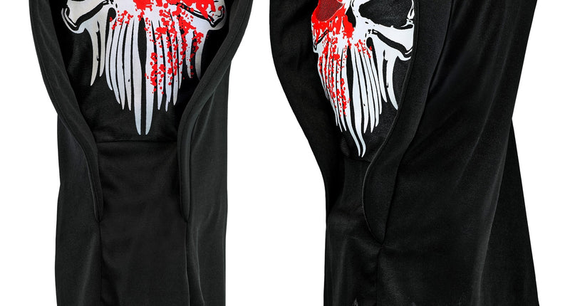 Masker met kap grim reaper Bram, zwart met witte doodskop en rode bloedspatten, voor- en zijaanzicht