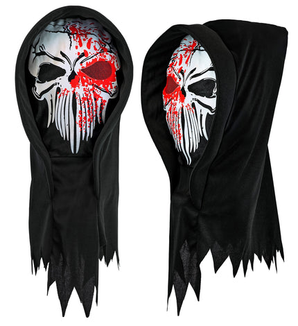 Masker met kap grim reaper Bram, zwart met witte doodskop en rode bloedspatten, voor- en zijaanzicht