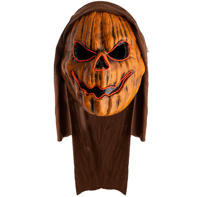 Masker pompoen met capuchon in oranje met zwarte schaduwen en bruine capuchon, voor Halloween