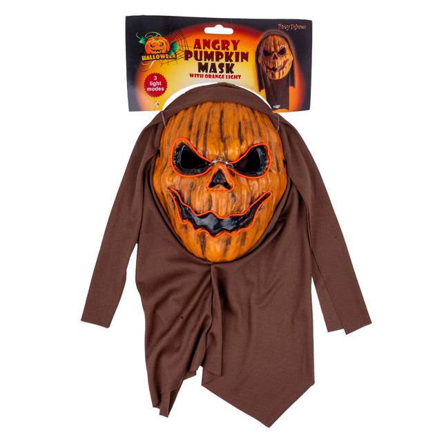 Masker pompoen met capuchon in verpakking van Funny Fashion met 3 lichtstanden