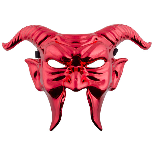 Masker rode duivel van glanzend rood PVC met gebogen ramshoorns en gepunte wangen
