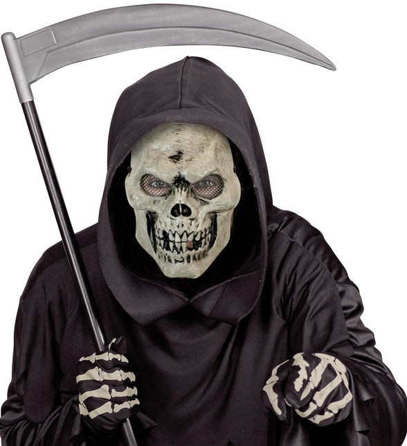 Masker schedel Emma als magere hein-look met zwart gewaad en zeis voor een griezelfeest