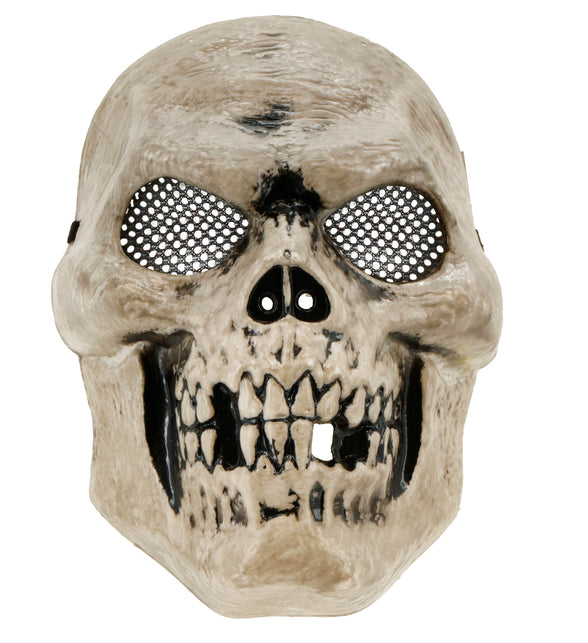 Masker schedel Emma in botkleur met zwart gaas in de oogkassen en zwart omlijnde tandenrij