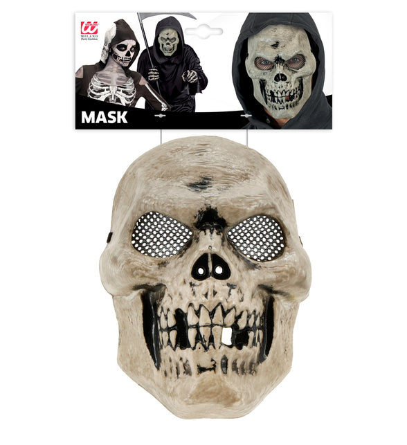 Masker schedel Emma op verpakkingskaart van Widmann met schedelmasker in vooraanzicht