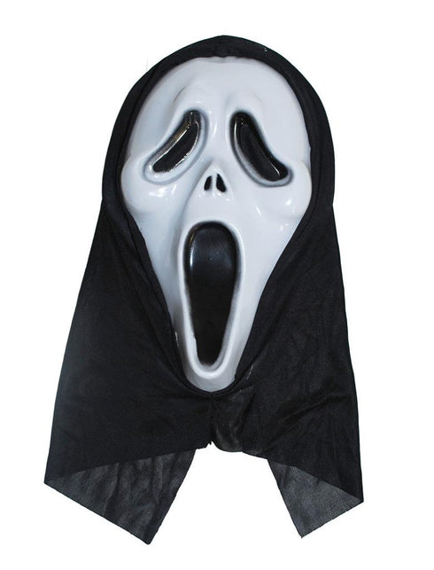 Masker scream met kap in wit met zwarte gazen kap en wijd opengesperde mond voor Halloween