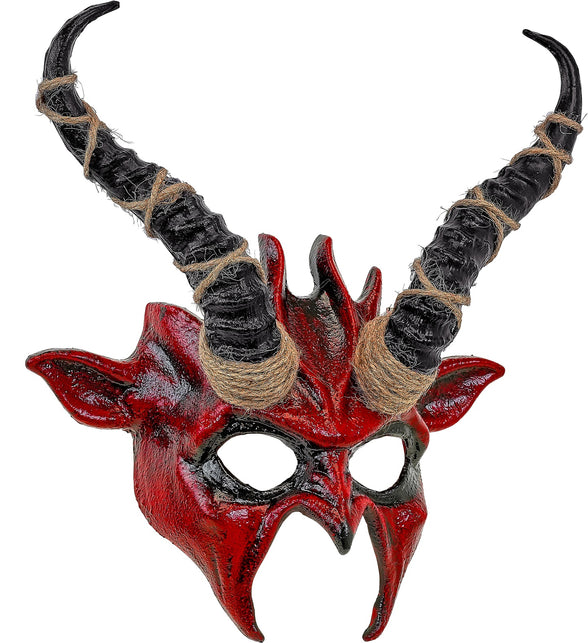 Masker sjamaan duivel Mats in rood met zwarte hoorns omwikkeld met jutekoord