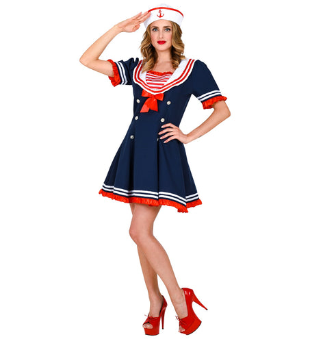 Matroos jurkje marine met witte kraag, rode strik en matrozenhoed voor dames op carnaval