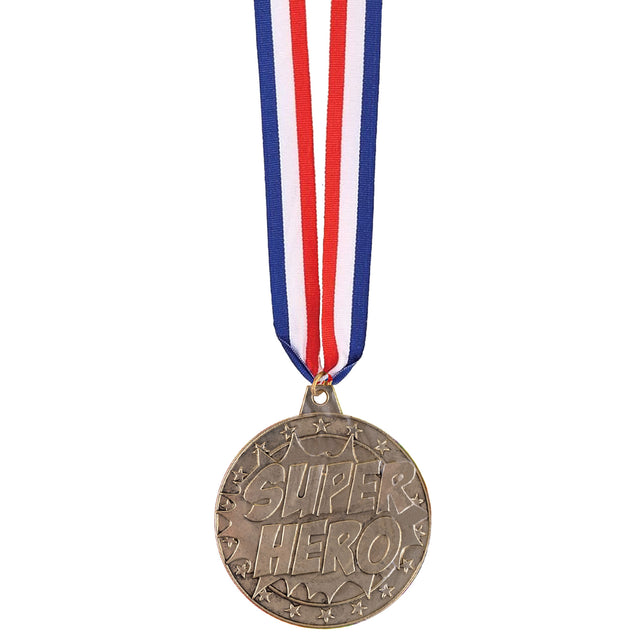 Medaille Super Hero goudkleurig met sterrenrand en rood-wit-blauw halslint