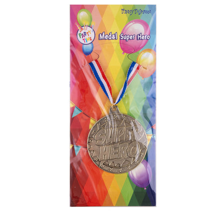 Medaille Super Hero in verpakking van Funny Fashion, metalen plak aan lint