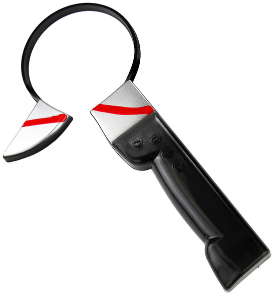 Mes door hoofd hoofdband met zwart heft, zilvergrijs blad en rode bloedstreep op donkere beugel