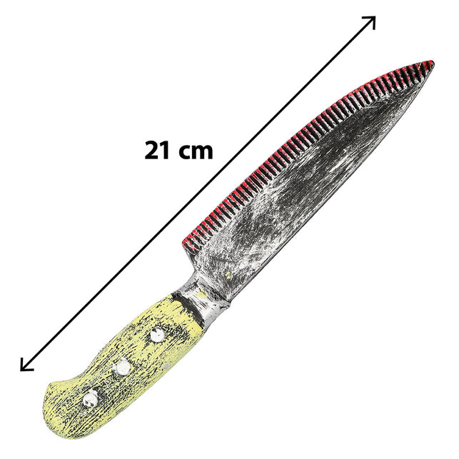 Mes Grimblade 21 cm met rood geribbelde rug, verweerd lemmet en drie klinknagels in het vaalgele heft