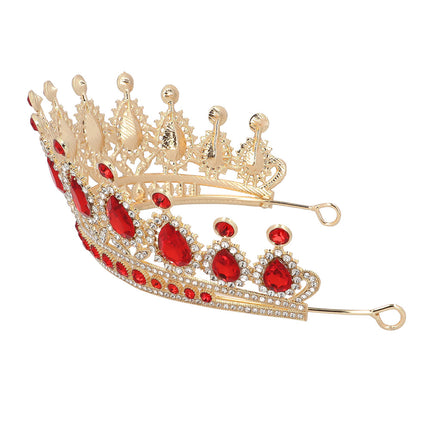 Metalen tiara Royal Christina goud van opzij, met rode druppelstenen en een oogje aan beide uiteinden
