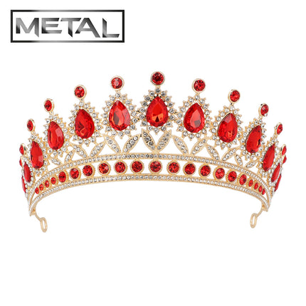 Metalen tiara Royal Christina goud vooraanzicht met rode druppelstenen omringd door kleine heldere steentjes
