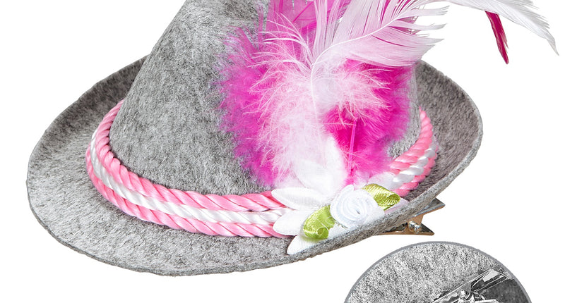 Mini Beierse fedora rose in grijs met roze-wit koord, roze veren en detailfoto van de haarclip