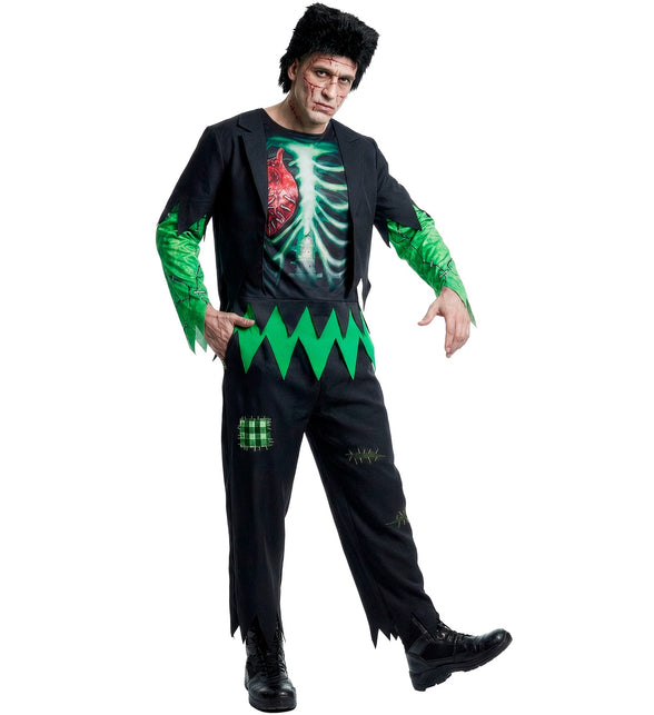 Monster pak Puck heren met zwarte jas, groene mouwen en ribbenkastprint voor Halloween