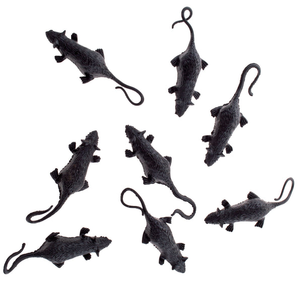 Muizen set voor Halloween met acht zwarte nepmuizen van 7 cm met lange gebogen staart
