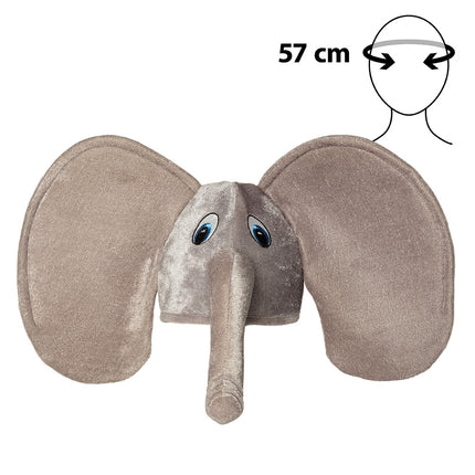 Muts olifant zonder model met hoofdomtrek 57 cm, geborduurde blauwe ogen en gevulde slurf