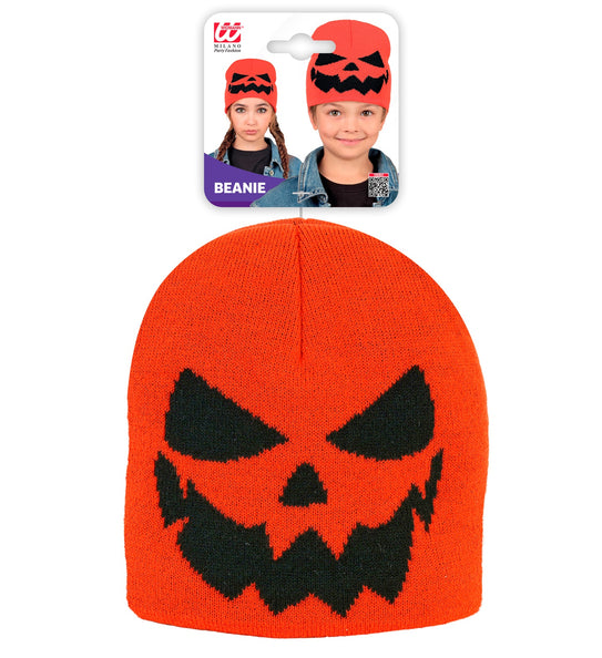 Muts pompoen in verpakking, oranje beanie met zwarte jack-o-lantern-grijns