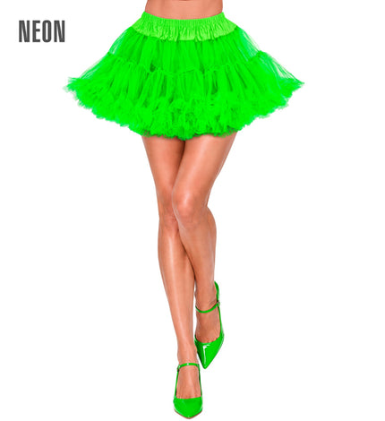Neon groene tutu dames, felgroene tulerok met gelaagde tule en gerimpelde tailleband, vooraanzicht