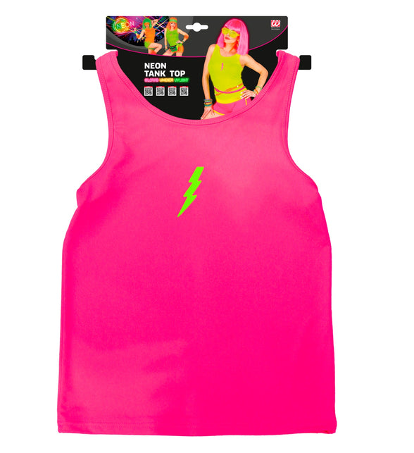 Neon roze hemdje los op de verpakking, fluorroze top met groene bliksem
