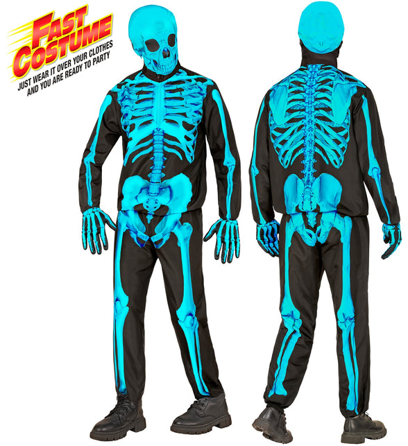 Neon skelet kostuum kind in zwart met felblauwe botopdruk, voor- en achterzijde, voor Halloween