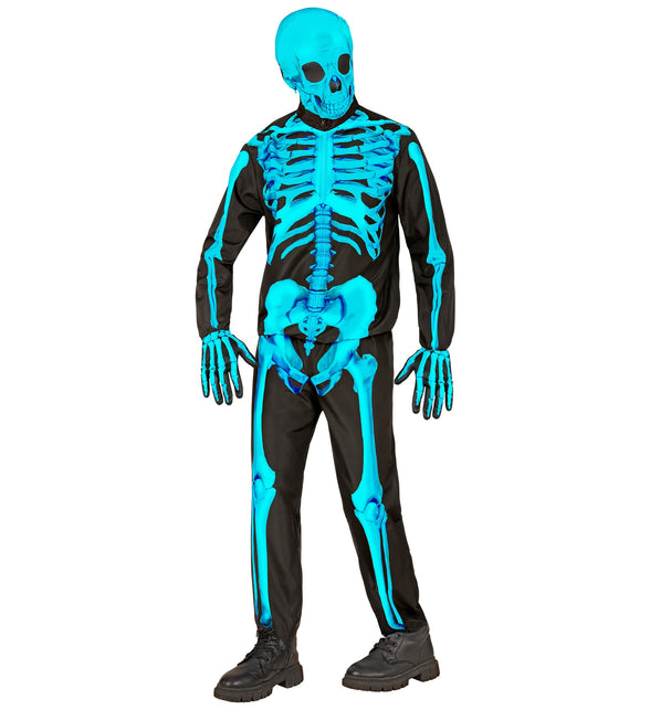 Neon skeletkostuum kind vooraanzicht met blauwe bekken- en beenbotten op zwarte broek