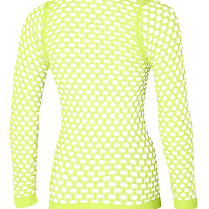 Neongeel visnetshirt dames van achter, met geribde zoom aan de onderkant