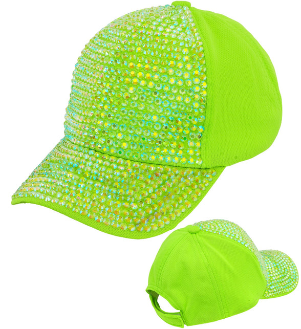 Neongroene strass pet van opzij met meshpanelen en voorgebogen klep