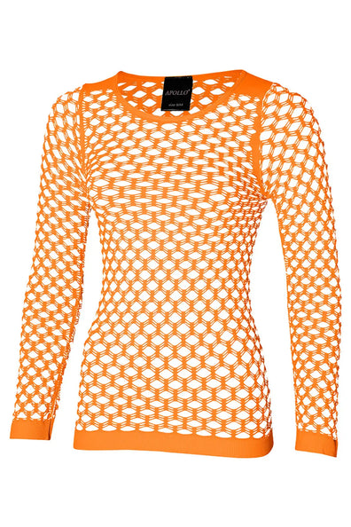 Neonoranje netshirt met lange mouwen, vooraanzicht met grote ovale mazen