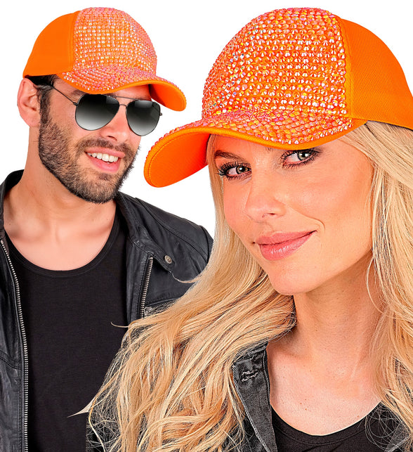 Neonoranje strasspet gedragen door dame en heer op een neonfeest