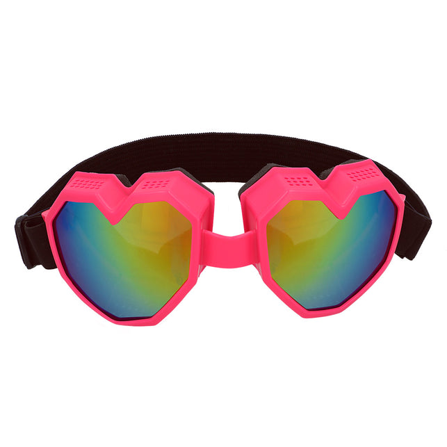 Neonroze hartvormige feestskibril met spiegelende regenboogglazen en zwarte elastische band