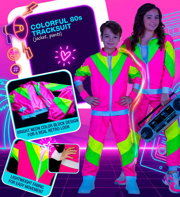 Neonroze jaren 80 trainingspak met jasje en broek, detail van de rits en kleurvlakken