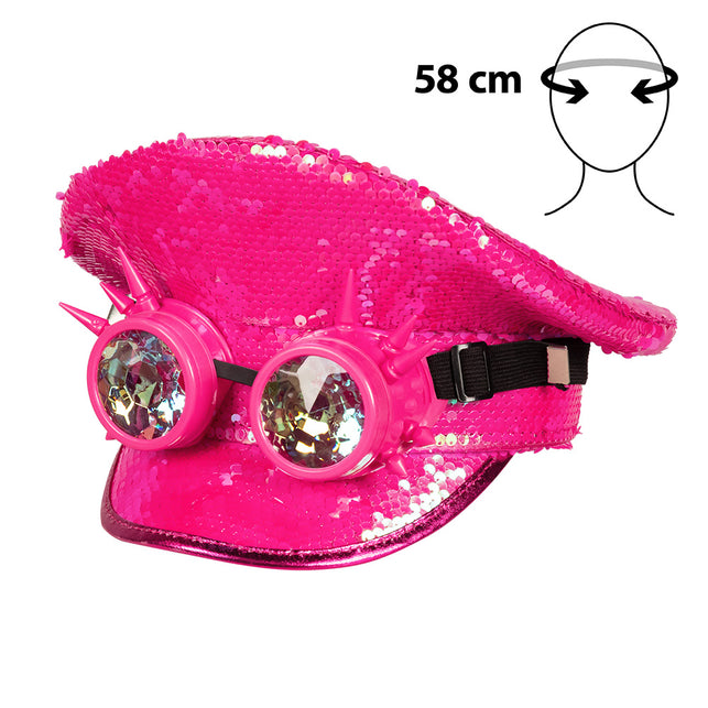 Neonroze pailletten pet met spikesbril en metallic roze bies langs de klep, hoofdomtrek 58 cm
